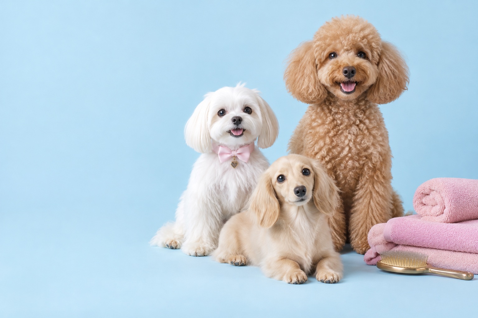 Tres perritos sobre un fondo azul junto a unas toallas rosadas